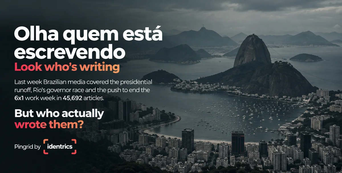 Pingrid by Identrics cover: an aerial view of Rio de Janeiro with the headline 'Olha quem está escrevendo' - Look who's writing